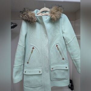 Women's J. Crew Mint Green Wool Hooded Peacoat with Faux Fur Trim (Size 4)